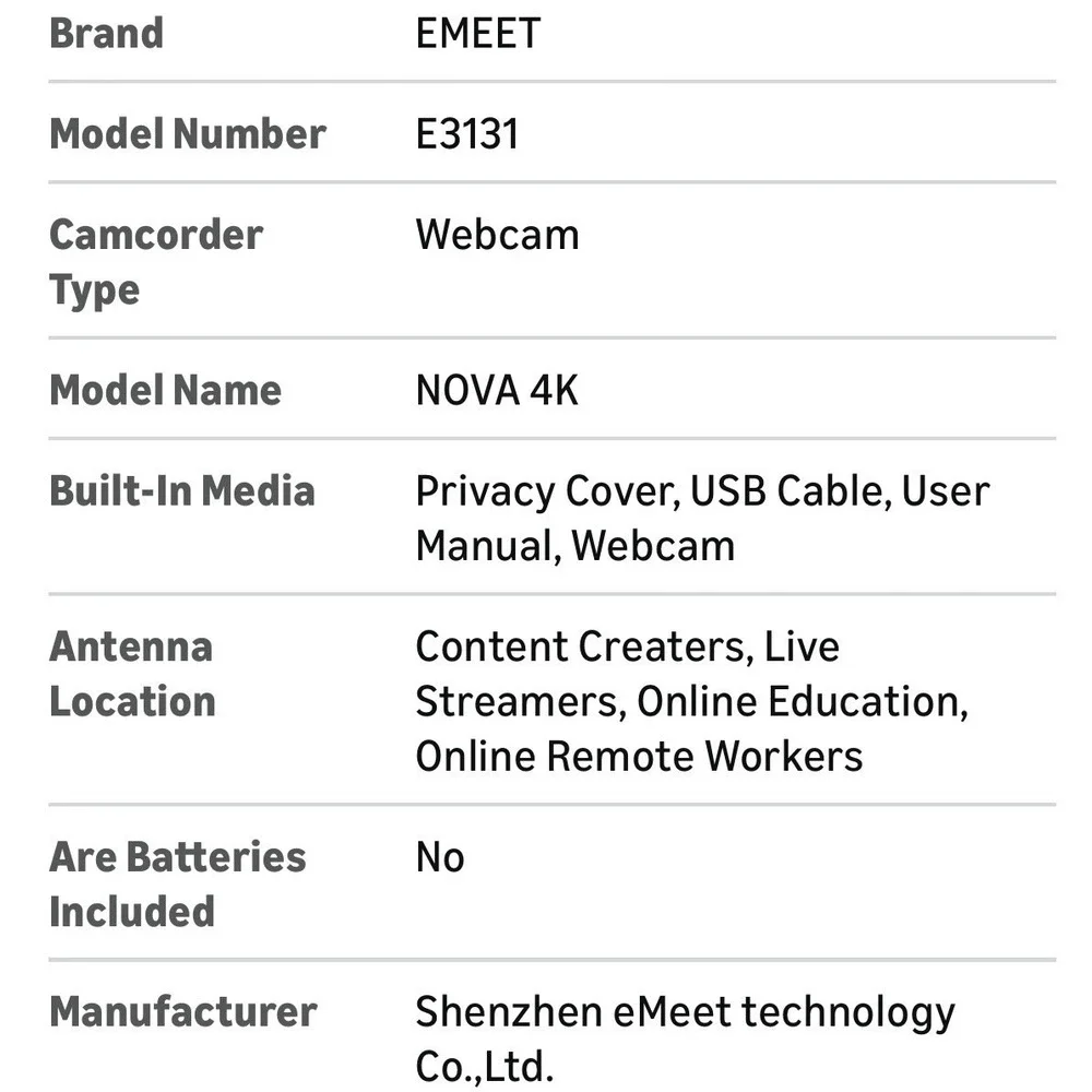 EMEET NOVA 4K Webcam‎ for PC 4K@30fps Autofocus 2 Mics E3131